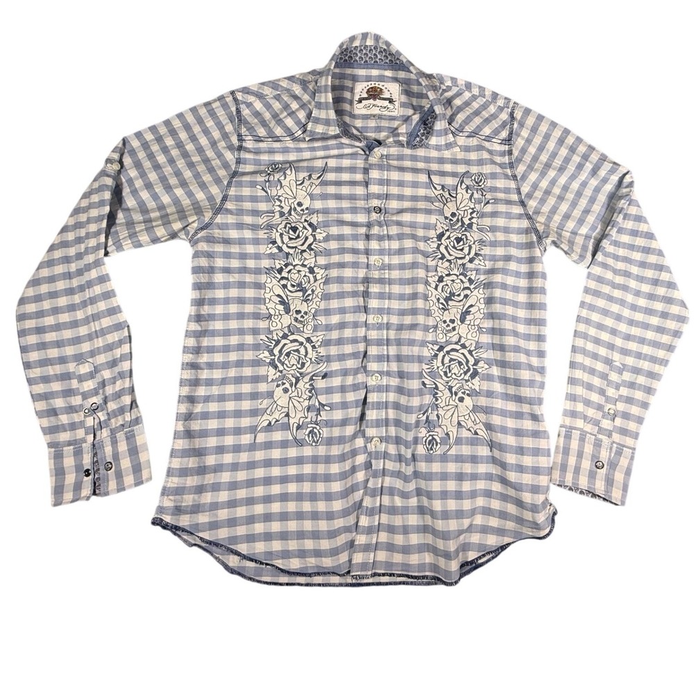 Ed Hardy Mens Blue Gingham Skull Rose Embroidered Western Button Up Shirt Large
